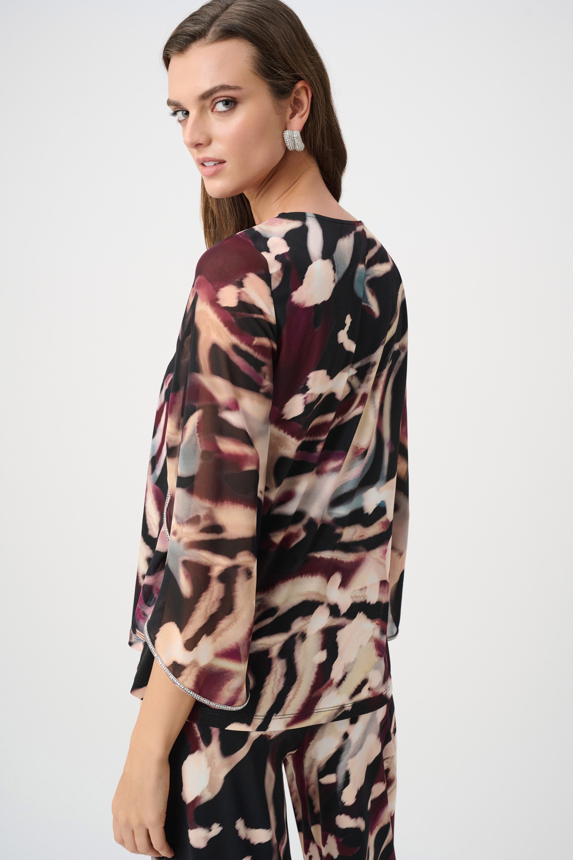 Silky Knit And Chiffon Abstract Print Top With Rhinestone Trim (JR1167)