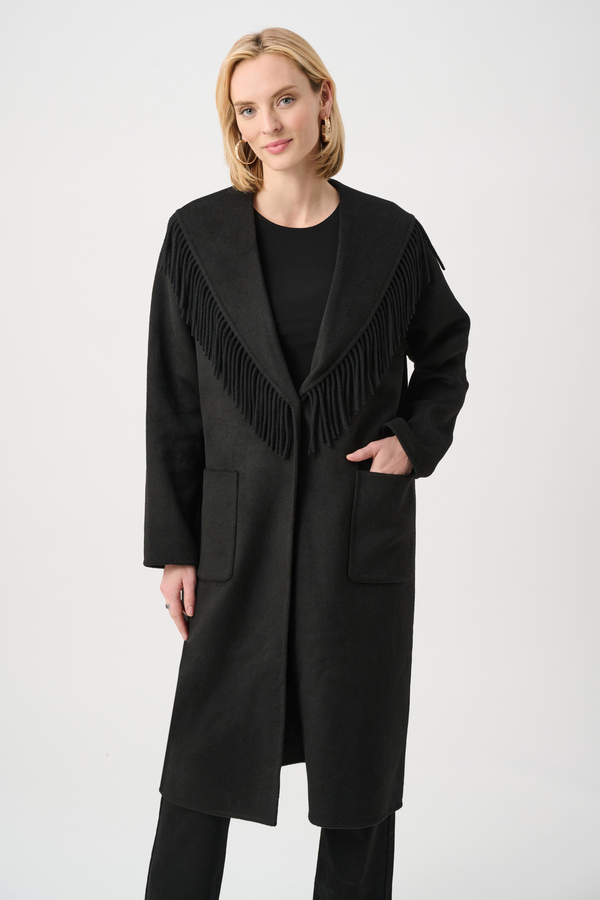 Wool Blend Shawl Collar Fringed Coat (263912)