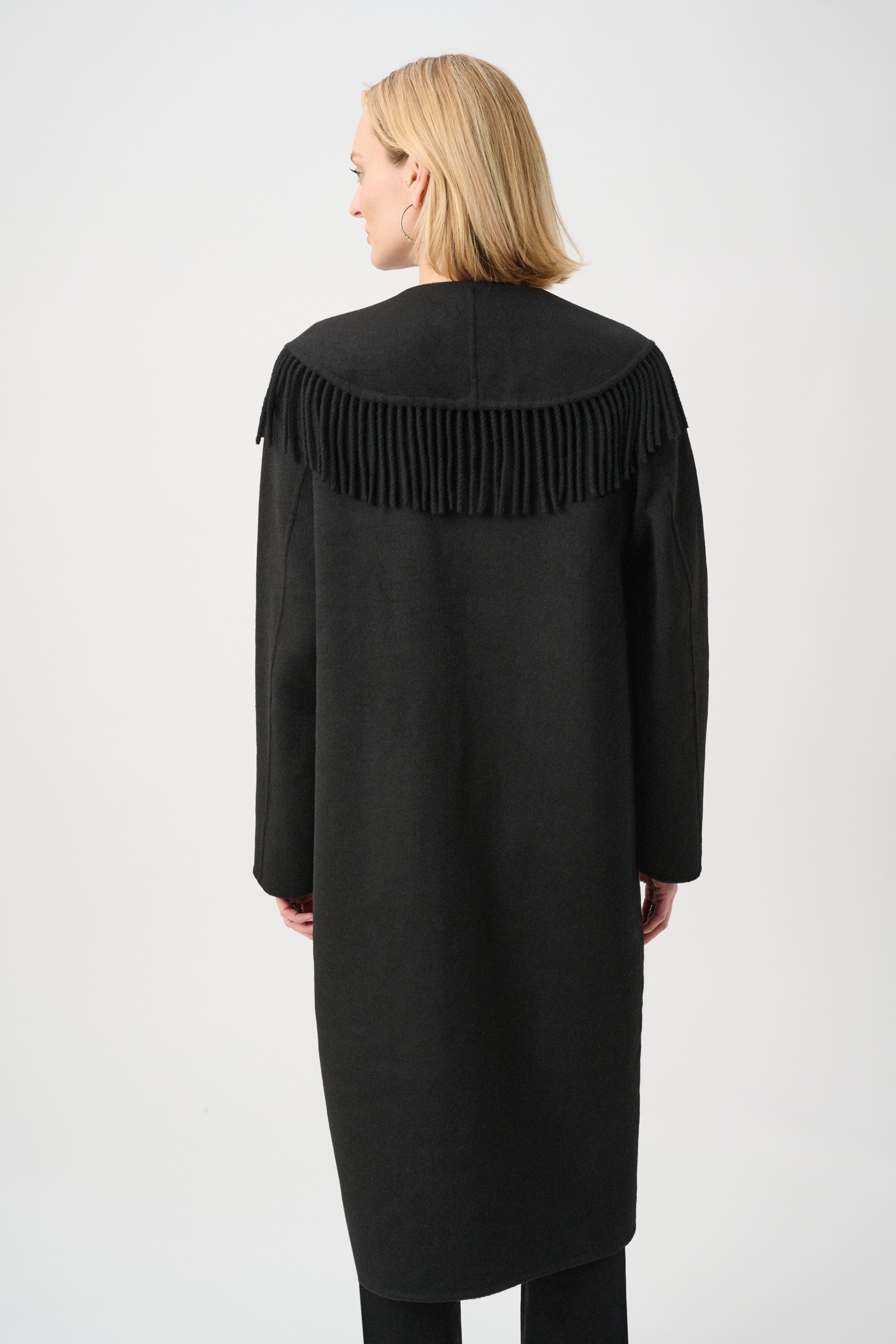 Wool Blend Shawl Collar Fringed Coat (263912)