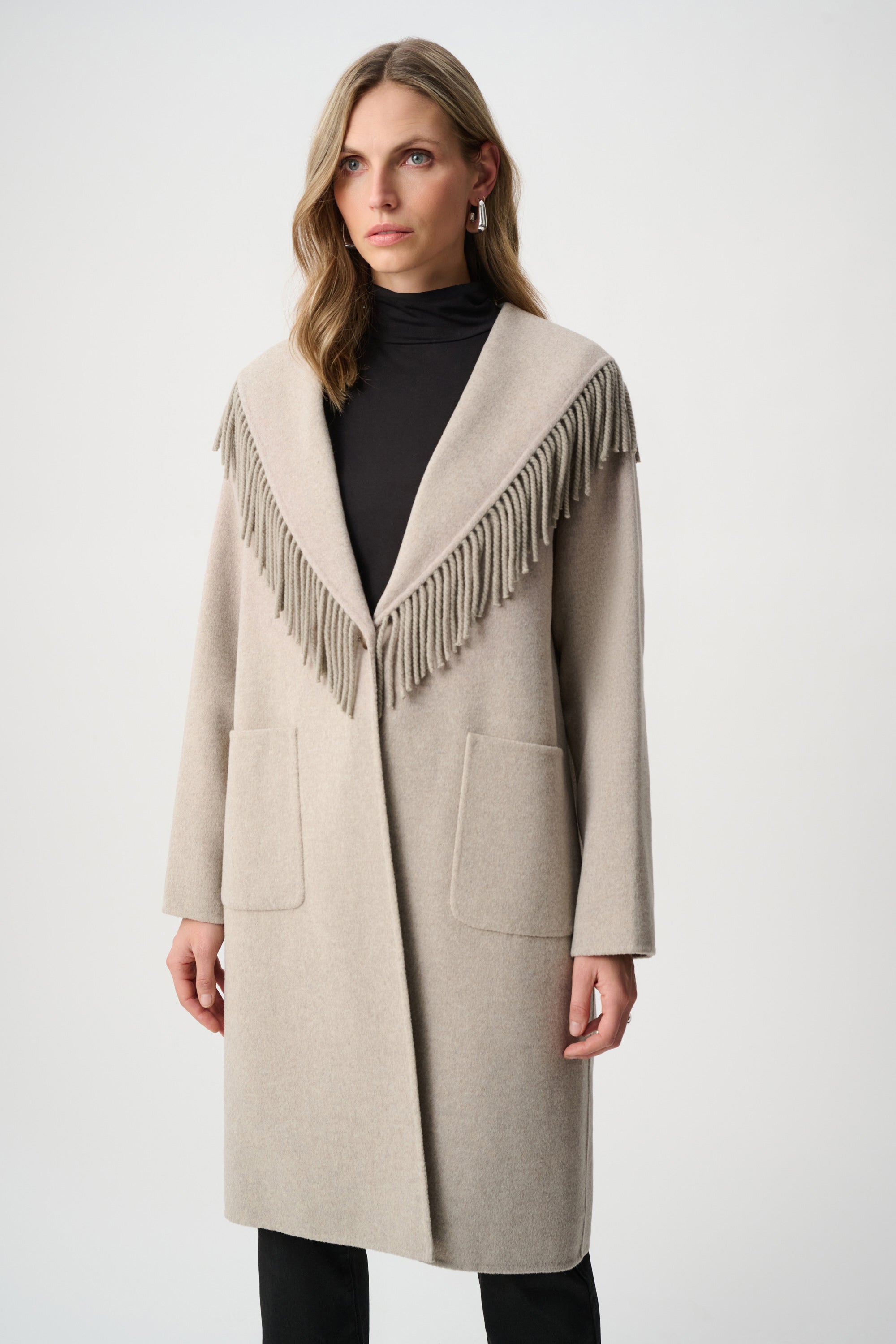 Wool Blend Shawl Collar Fringed Coat (263912)