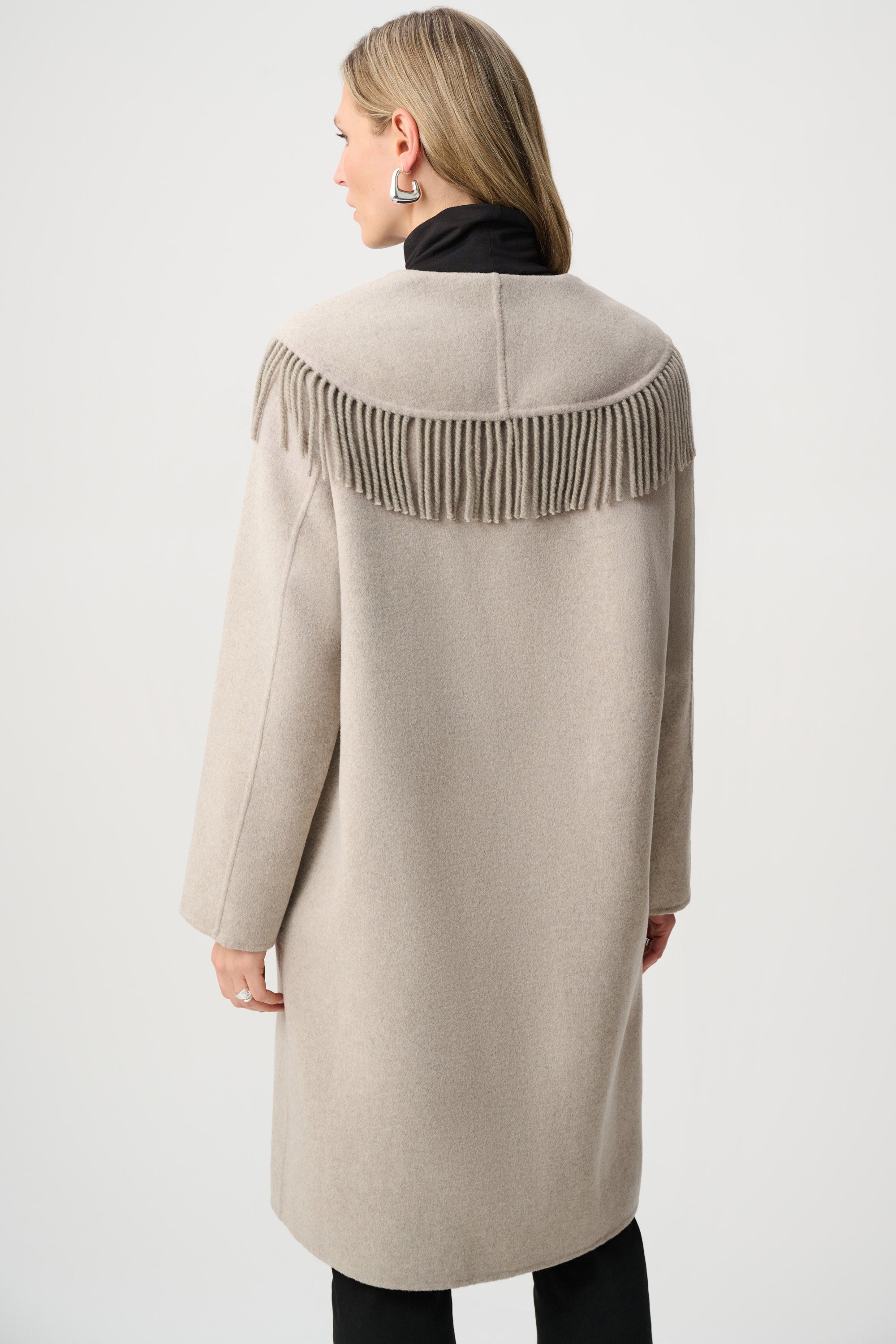 Wool Blend Shawl Collar Fringed Coat (263912)