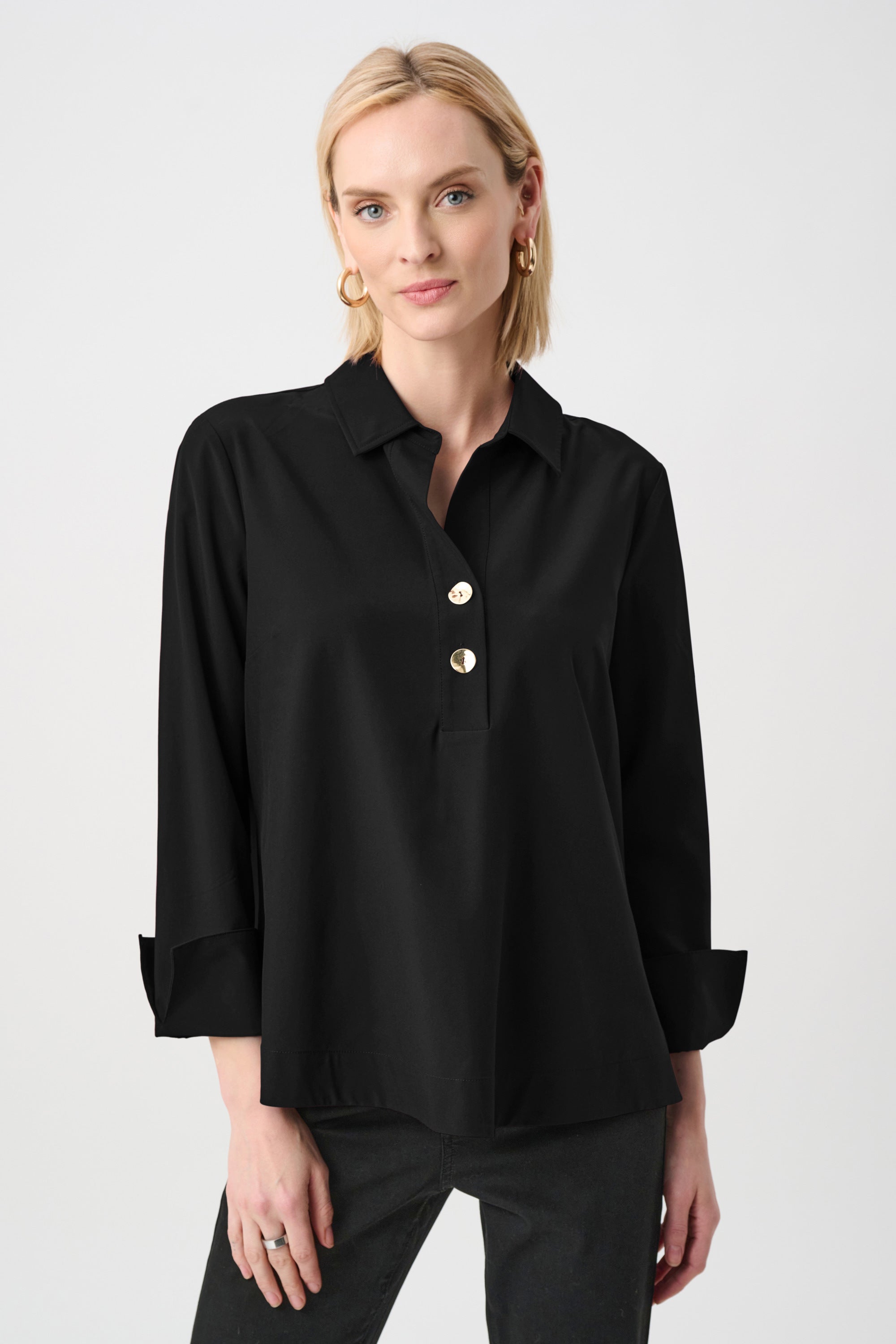 Stretch Poplin Shirt-Collar Boxy Top (263928)