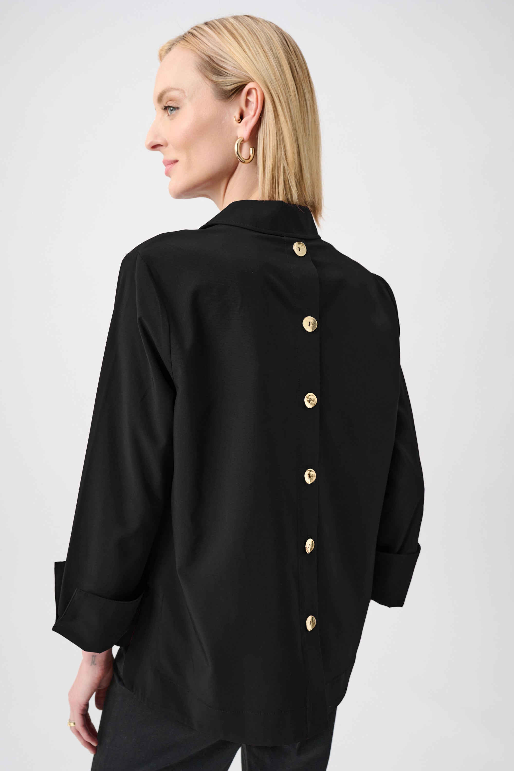 Stretch Poplin Shirt-Collar Boxy Top (263928)