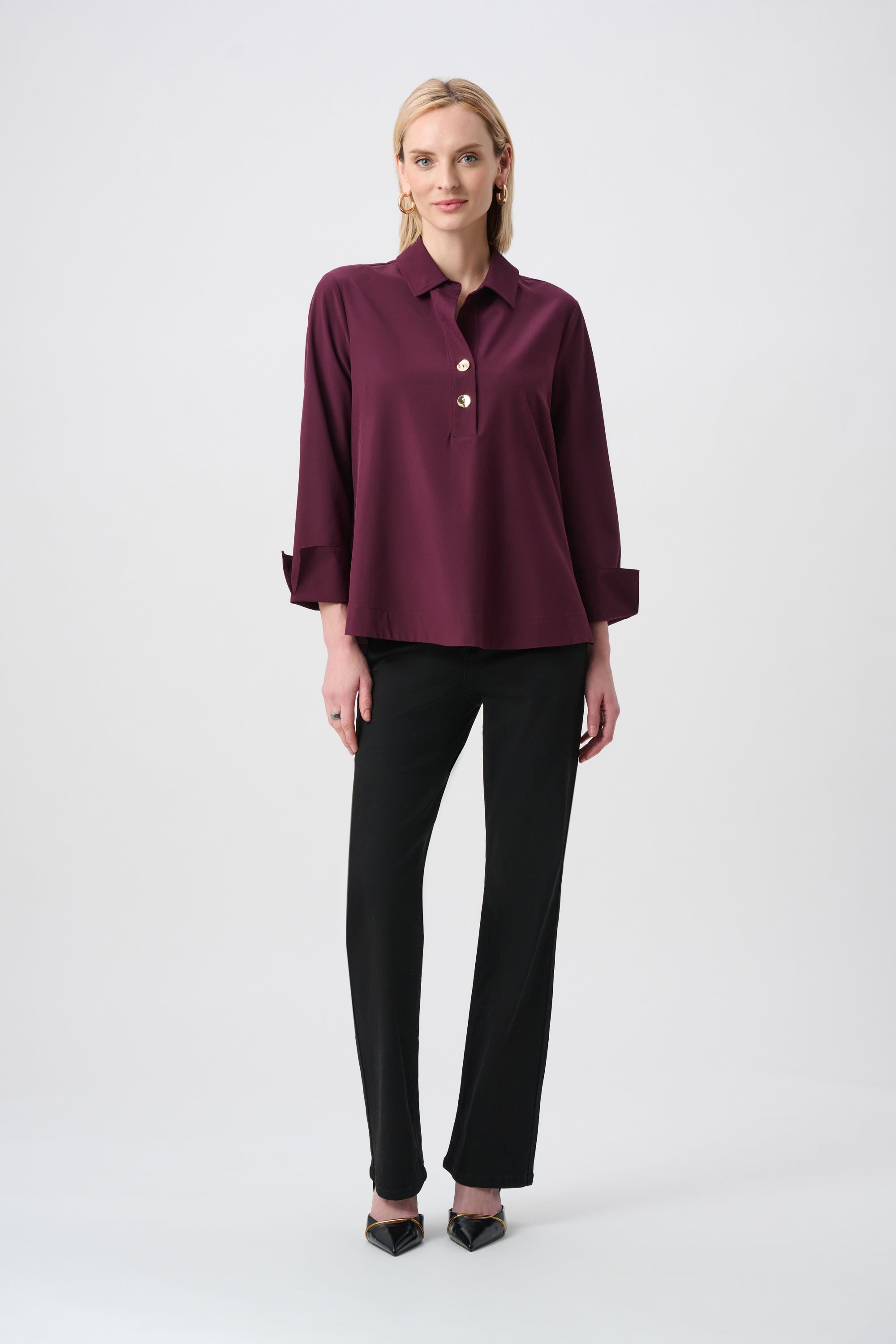 Stretch Poplin Shirt-Collar Boxy Top (263928)