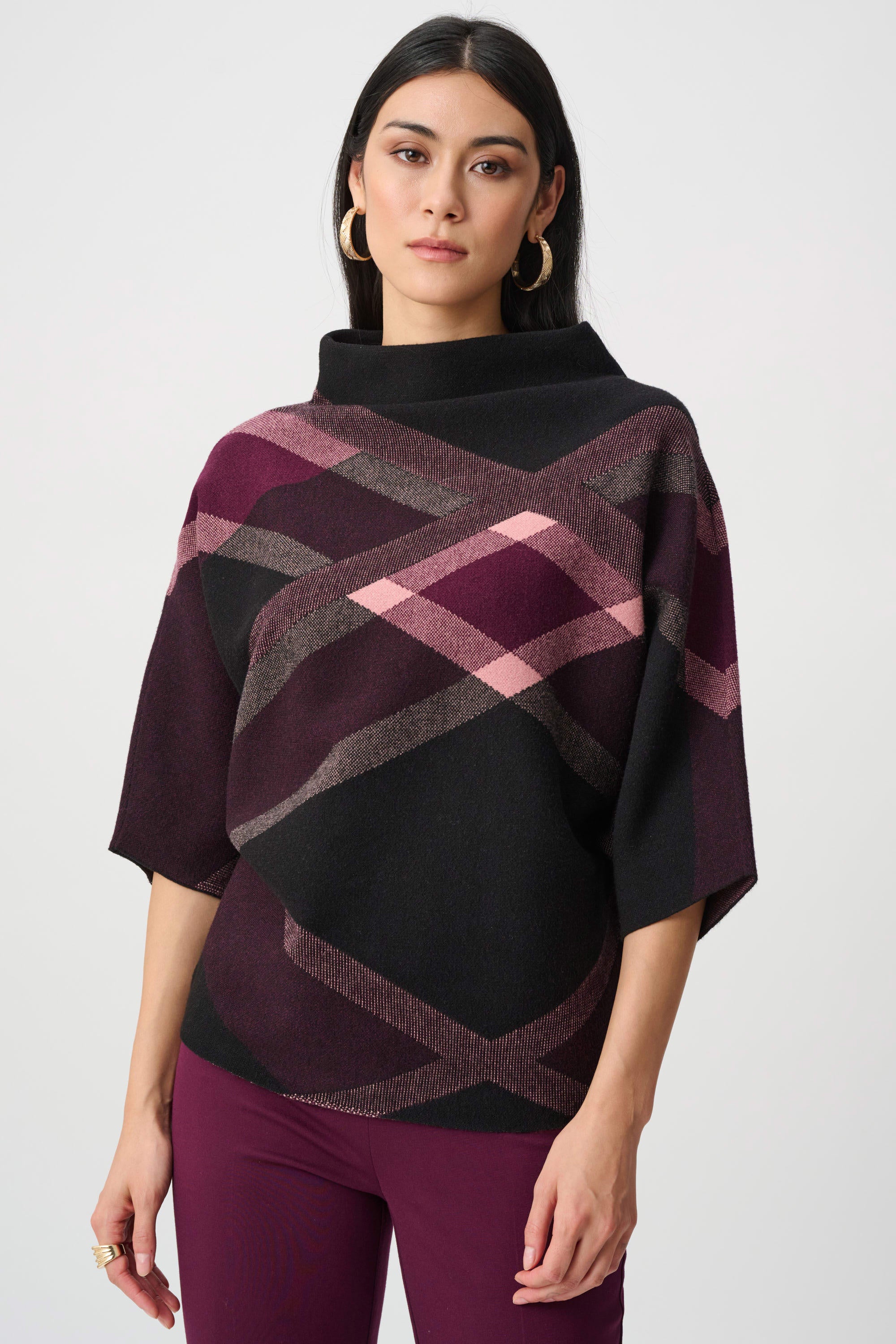 Brushed Viscose And Nylon Plaid Funnel-Neck Sweater (263947)