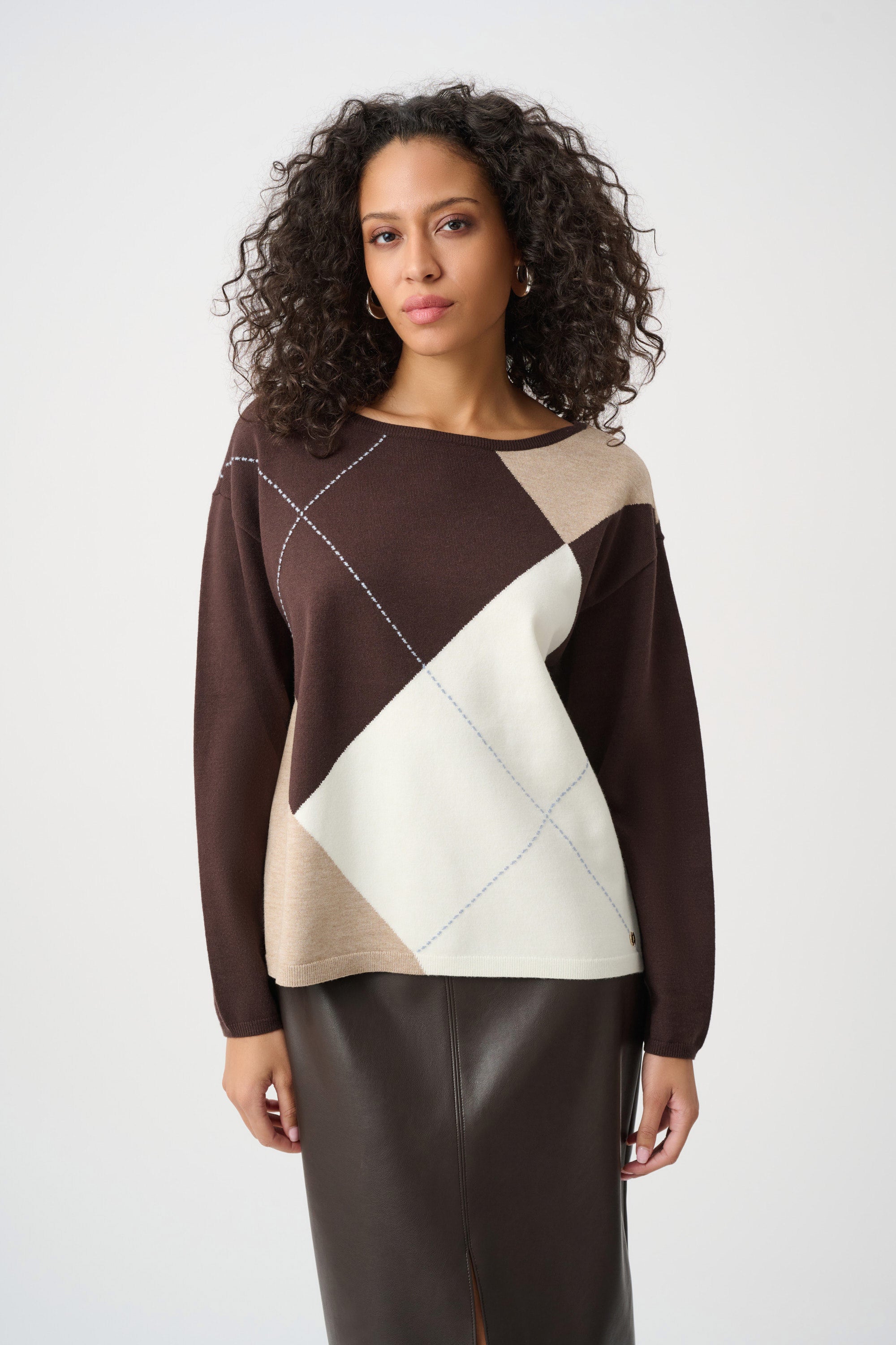 Brushed Viscose Knit Argyle Pattern Crewneck Sweater (263948)