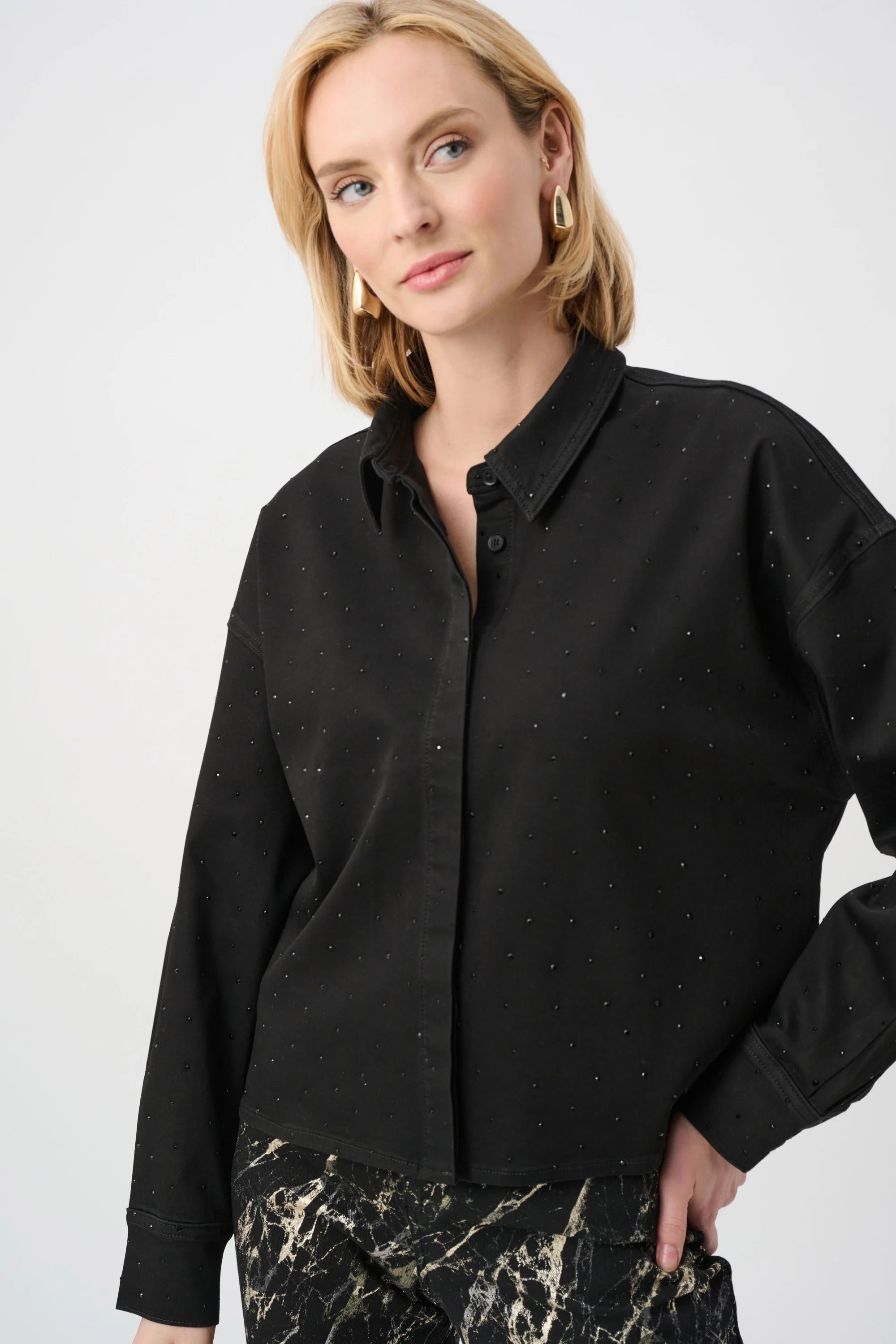 Featherweave Denim Cropped Blouse With Rhinestone Detail (263965)