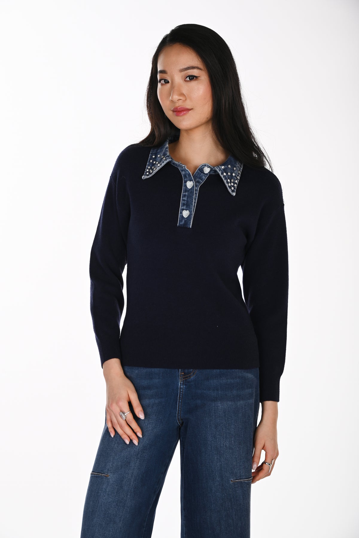 Embellished Denim Collar Knit Top (264851)