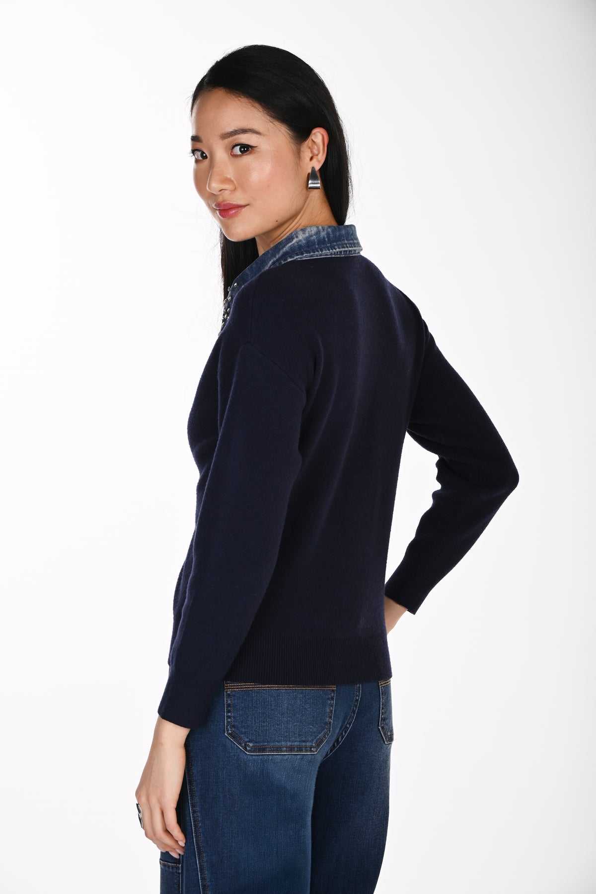 Embellished Denim Collar Knit Top (264851)