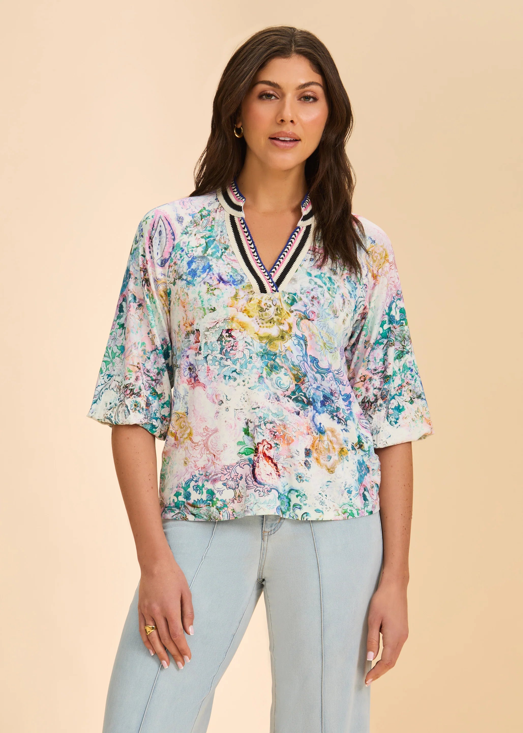 3/4 Sleeve Split Neck Top (3544153)