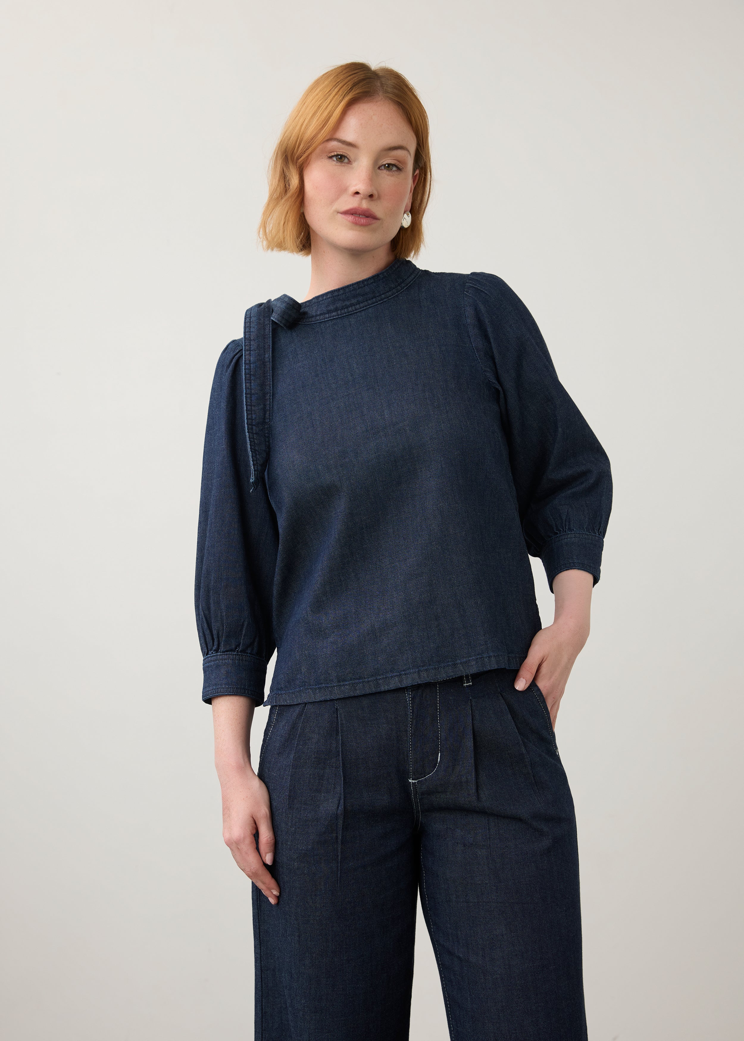 3/4 Sleeve Bow Neck Popover Top (7652992)