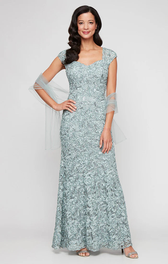 Long Soutache Sweetheart Neckline Dress with Cap Sleeves (AE0032)