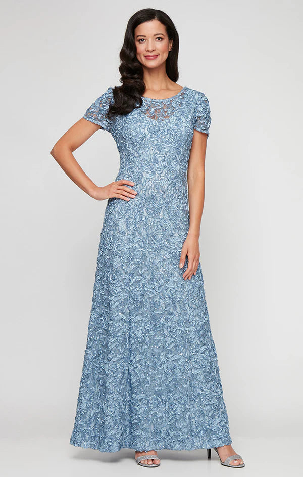 Soutache Sequin Lace A-Line Dress with Short Sleeves and Illusion Neckline (AE0071)
