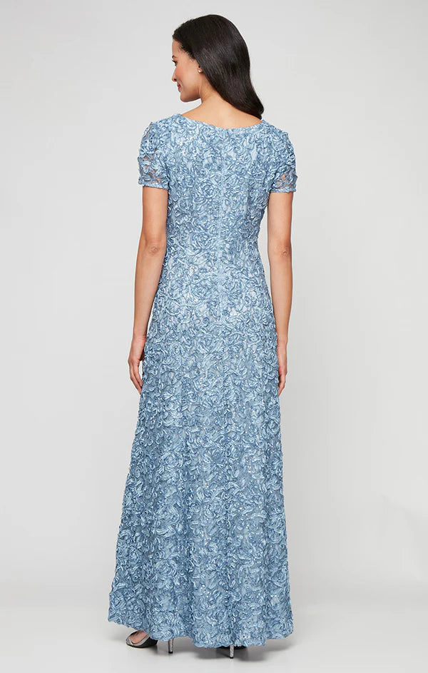 Soutache Sequin Lace A-Line Dress with Short Sleeves and Illusion Neckline (AE0071)