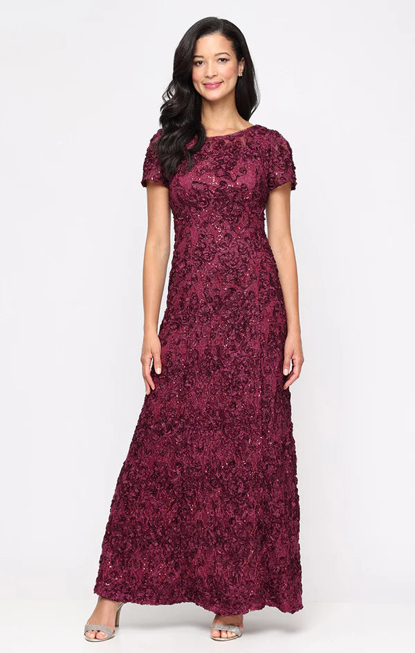Soutache Sequin Lace A-Line Dress with Short Sleeves and Illusion Neckline (AE0071)