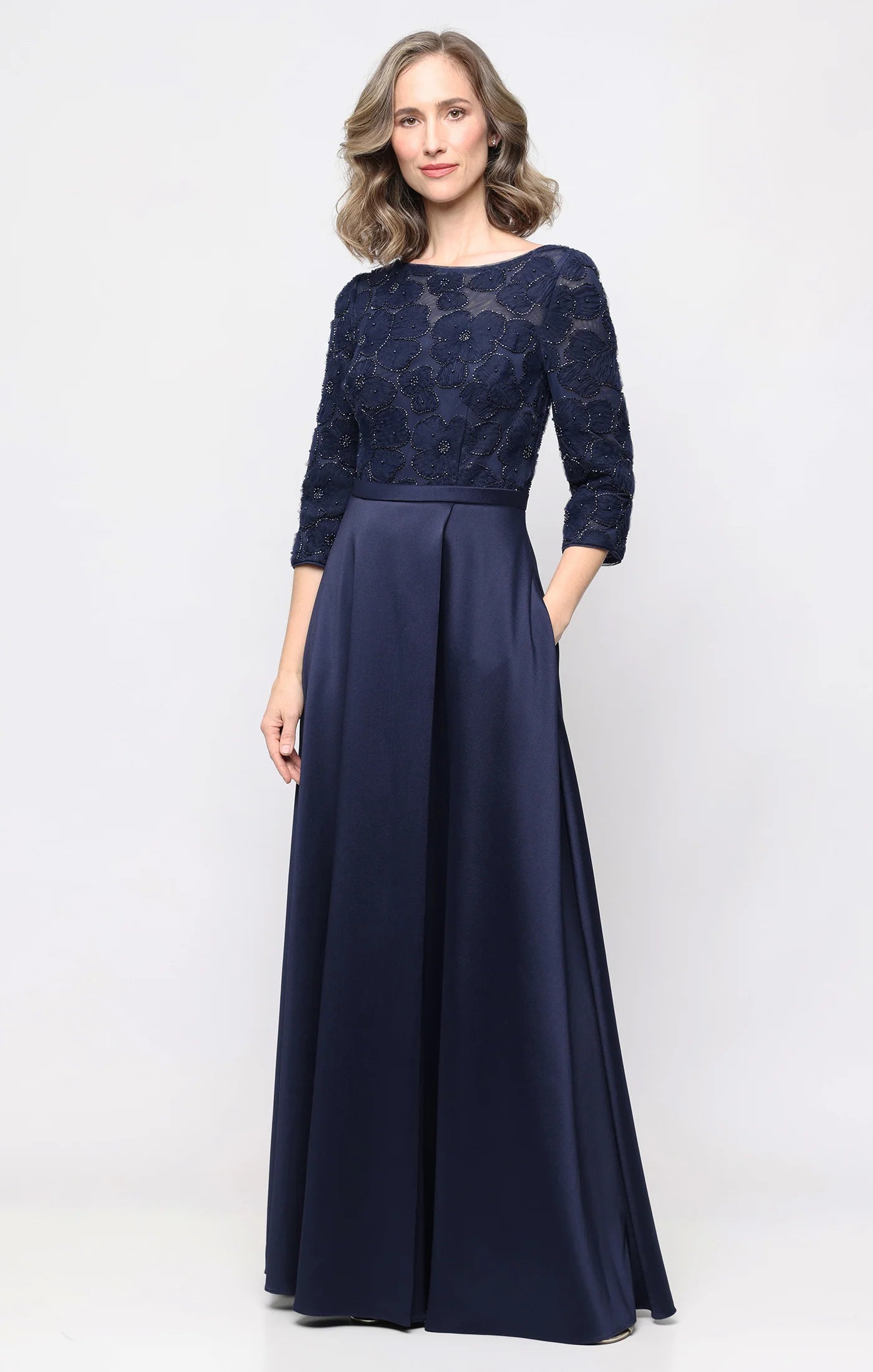 Long A-Line Dress with Beaded Bodice and Mikado Skirt (AE0118)