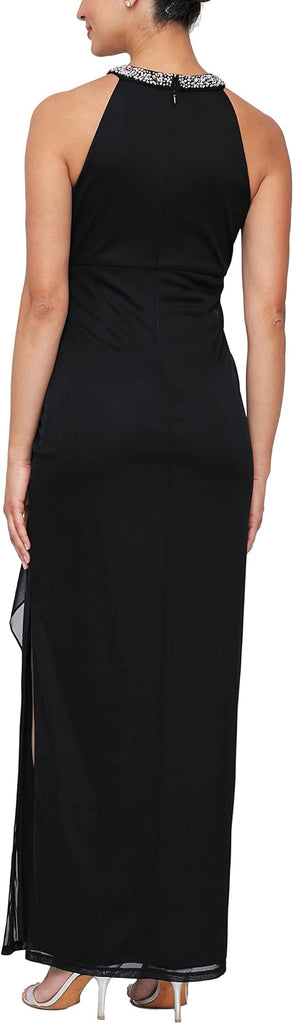 Long Sleeveless Dress with Beaded Halter Style Neckline & Cascade Ruffle Detail Skirt (AE0005)