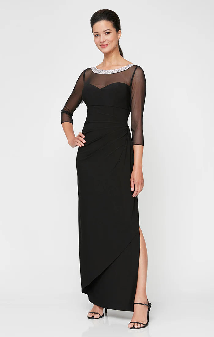 Long Matte Jersey Illusion 3/4 Sleeve Side Ruched Dress with Embellished Neckline (AE0029)