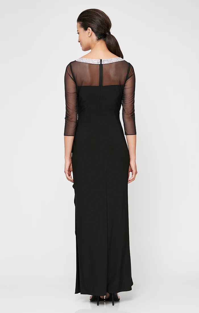 Long Matte Jersey Illusion 3/4 Sleeve Side Ruched Dress with Embellished Neckline (AE0029)