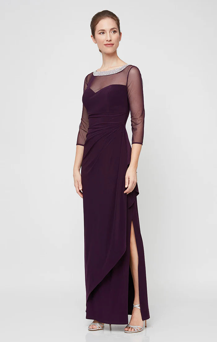 Long Matte Jersey Illusion 3/4 Sleeve Side Ruched Dress with Embellished Neckline (AE0029)
