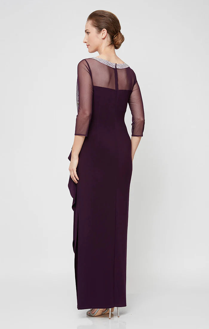 Long Matte Jersey Illusion 3/4 Sleeve Side Ruched Dress with Embellished Neckline (AE0029)