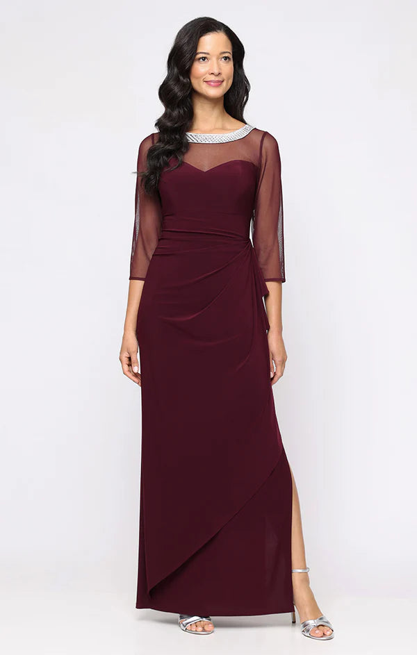 Long Matte Jersey Illusion 3/4 Sleeve Side Ruched Dress with Embellished Neckline (AE0029)