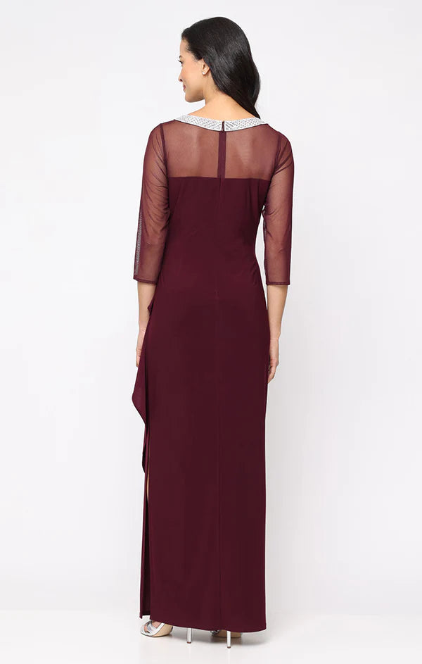 Long Matte Jersey Illusion 3/4 Sleeve Side Ruched Dress with Embellished Neckline (AE0029)