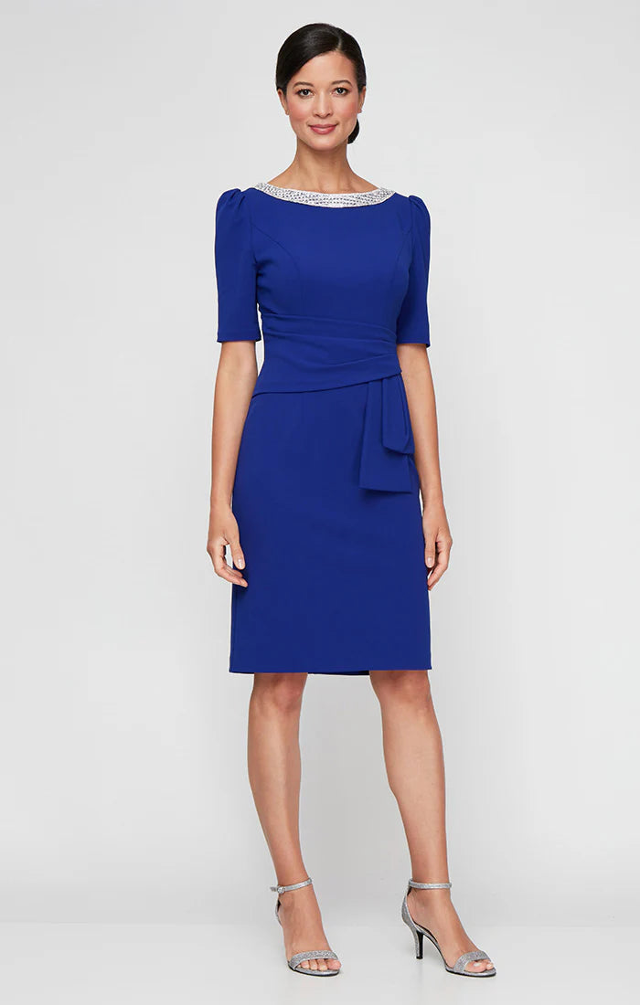 Short Stretch Crepe Sheath Dress with Embellished Neckline (AE0040)
