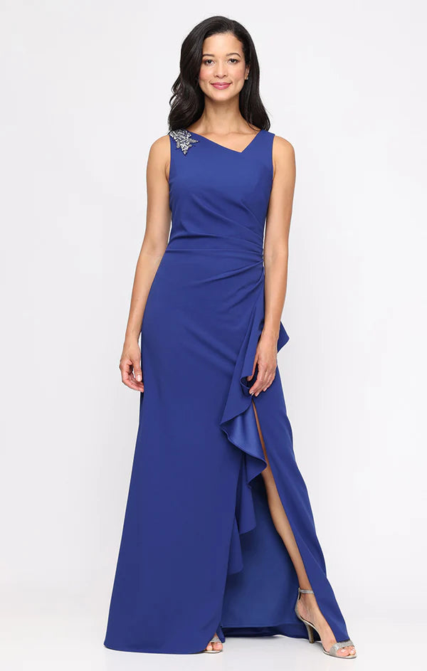 Stretch Crepe Dress with Embellished L-Neckline and Cascade Detail Skirt (AE0098)