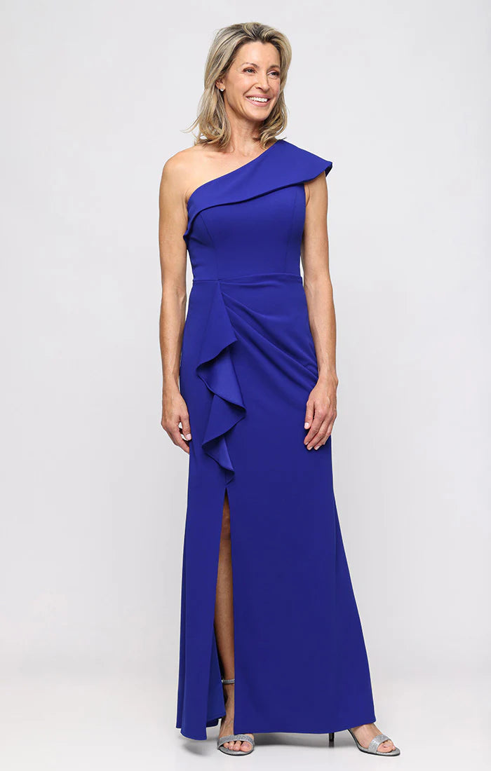 Long Stretch Crepe One Shoulder Dress with Cascade Peplum (AE0068)