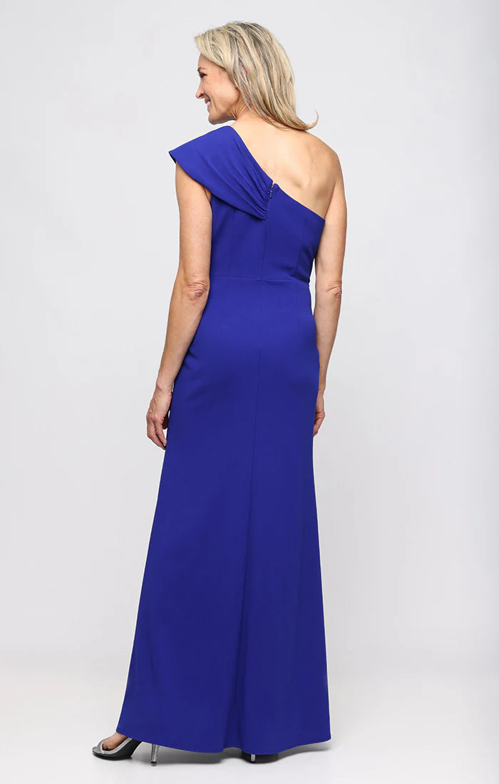Long Stretch Crepe One Shoulder Dress with Cascade Peplum (AE0068)