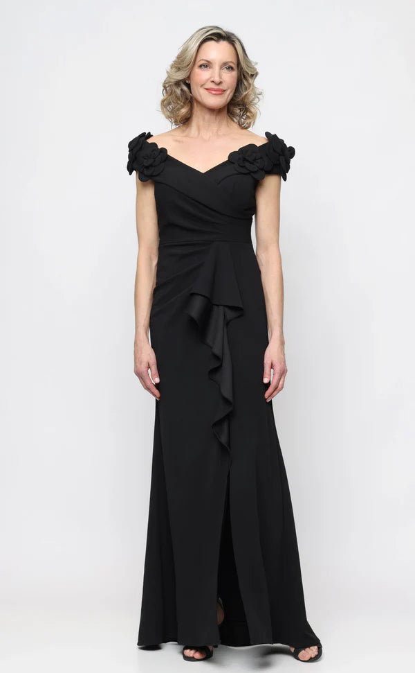 Long Stretch Crepe Off the Shoulder Dress with 3-D Flower Detail (AE0012)