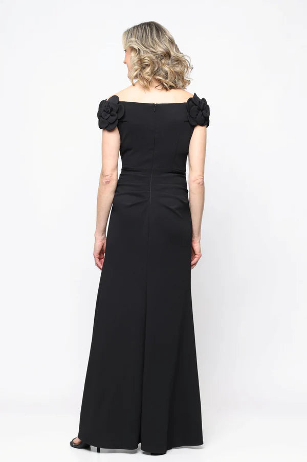 Long Stretch Crepe Off the Shoulder Dress with 3-D Flower Detail (AE0012)