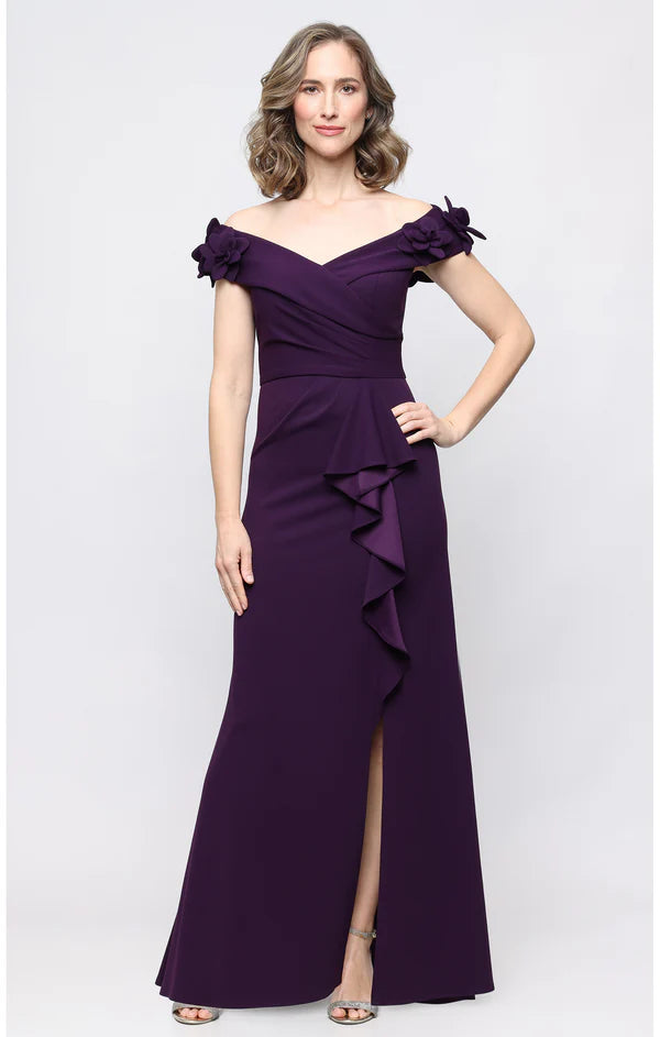 Long Stretch Crepe Off the Shoulder Dress with 3-D Flower Detail (AE0012)