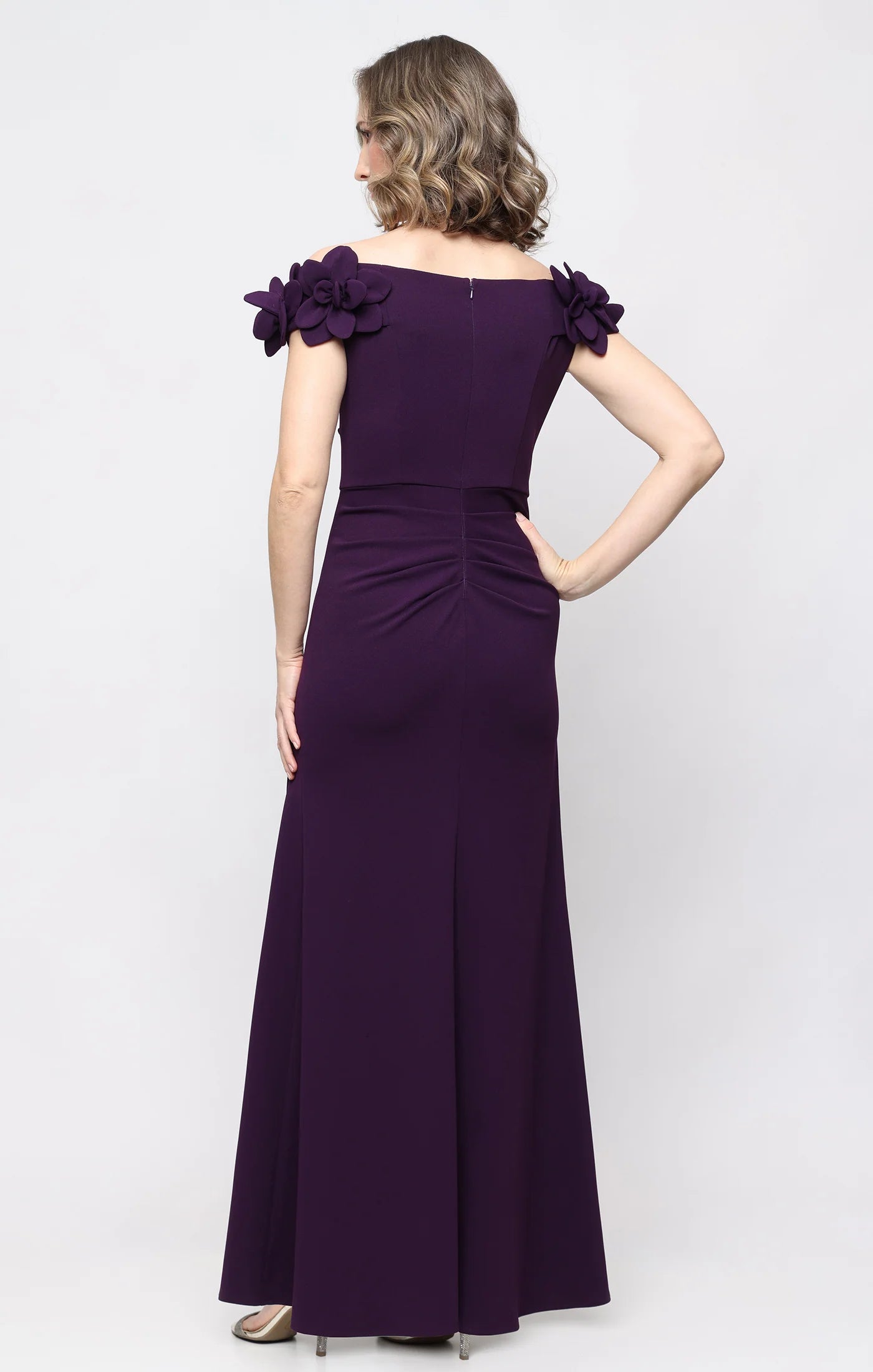 Long Stretch Crepe Off the Shoulder Dress with 3-D Flower Detail (AE0012)