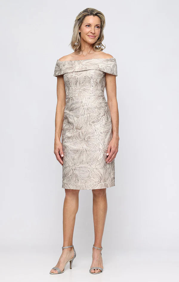 Short Off the Shoulder Jacquard Dress with Foldover Cuff Neckline (AE0127)