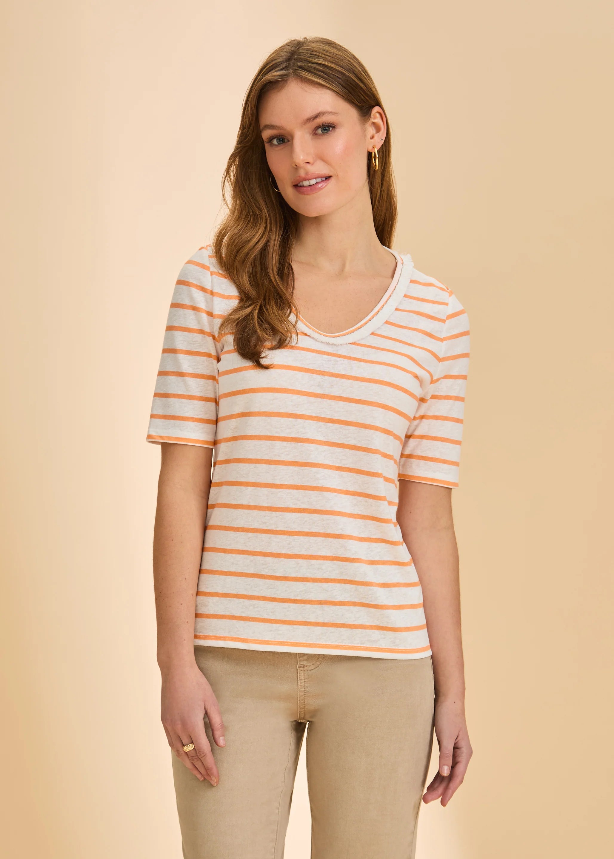 Elbow Sleeve Fringed Neck Top (3641788)