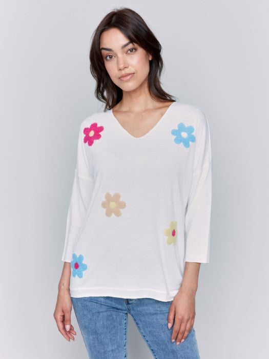 V Neck Drop Shoulder Knit Top with Appliqué (C1264APK006B)
