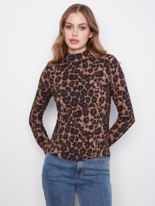 Printed Jersey Long Sleeve Mock Neck Top (C1404R)