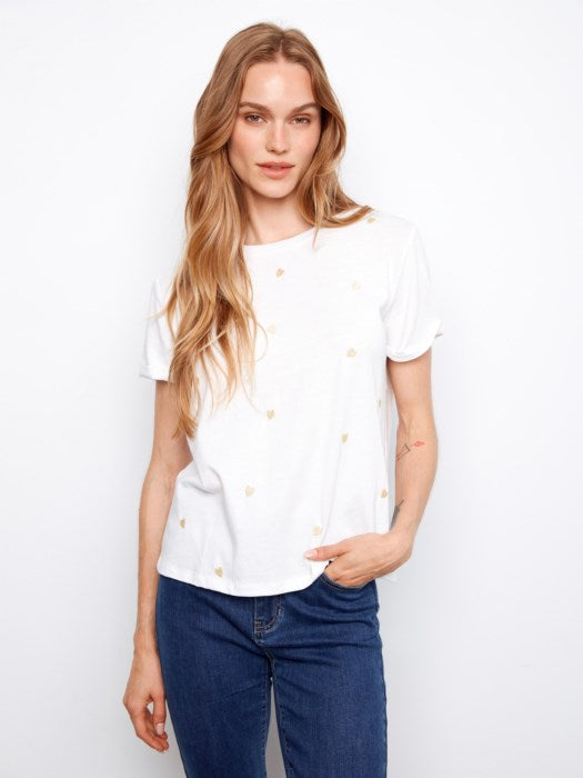 Embroidered Front Cotton Jersey T-Shirt With Rolled Cuff (C1426)