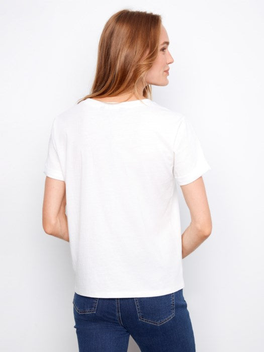 Embroidered Front Cotton Jersey T-Shirt With Rolled Cuff (C1426)