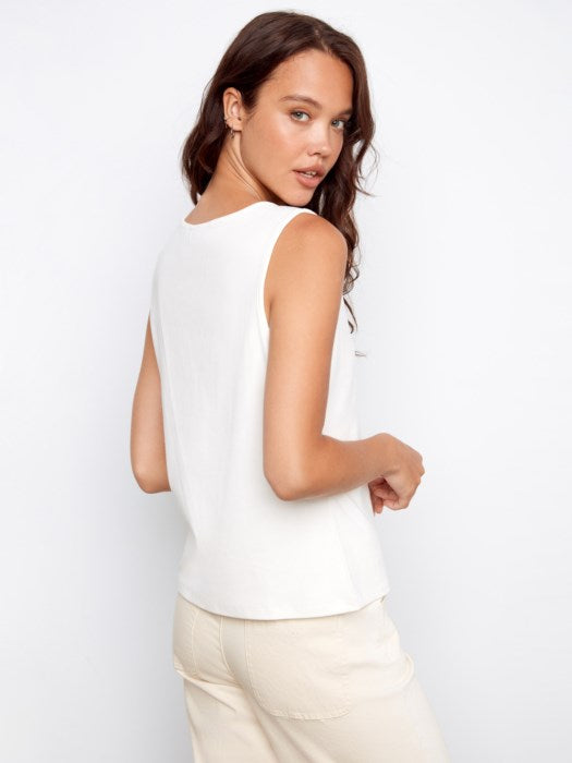 Interlock Knit Tank Top With Crochet Patch Pocket (C1427)