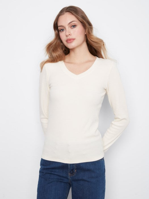 Tencel Rib V-Neck Long Sleeve Top (C1453)