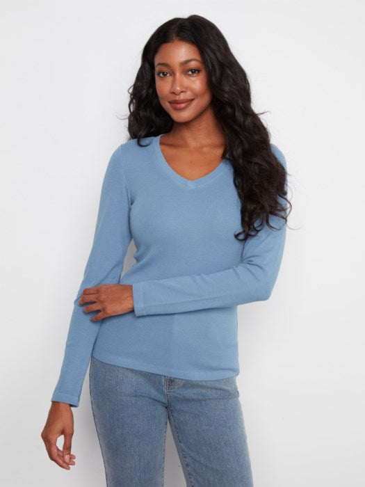 Tencel Rib V-Neck Long Sleeve Top (C1453)
