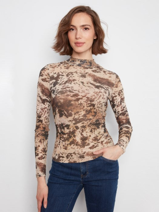 Printed Mesh Long Sleeve Mock Neck Top Lined At Body (C1469)