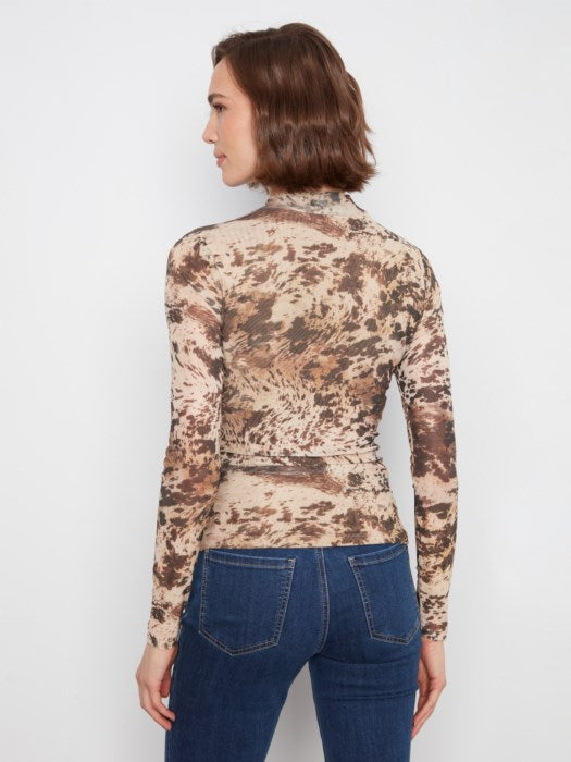 Printed Mesh Long Sleeve Mock Neck Top Lined At Body (C1469)
