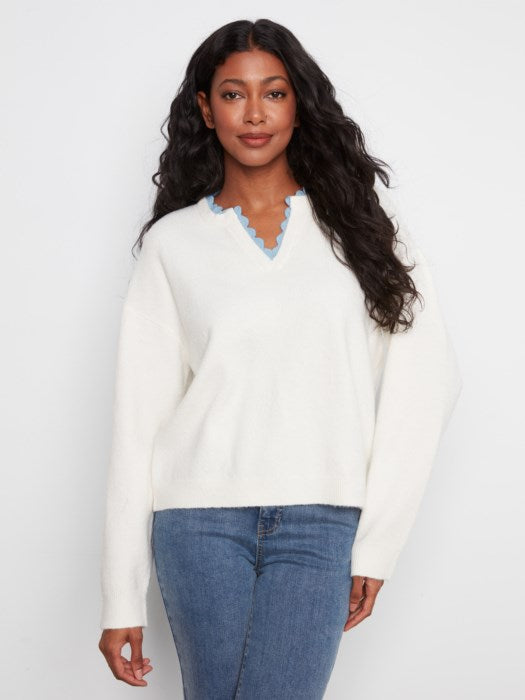V-Neck Sweater with Woven Trim (C2081635C)