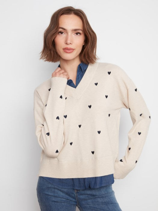 Layered Shirt Sweater with Embroidered Hearts (C2084464A)