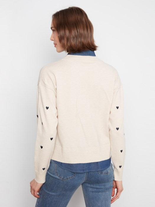 Layered Shirt Sweater with Embroidered Hearts (C2084464A)