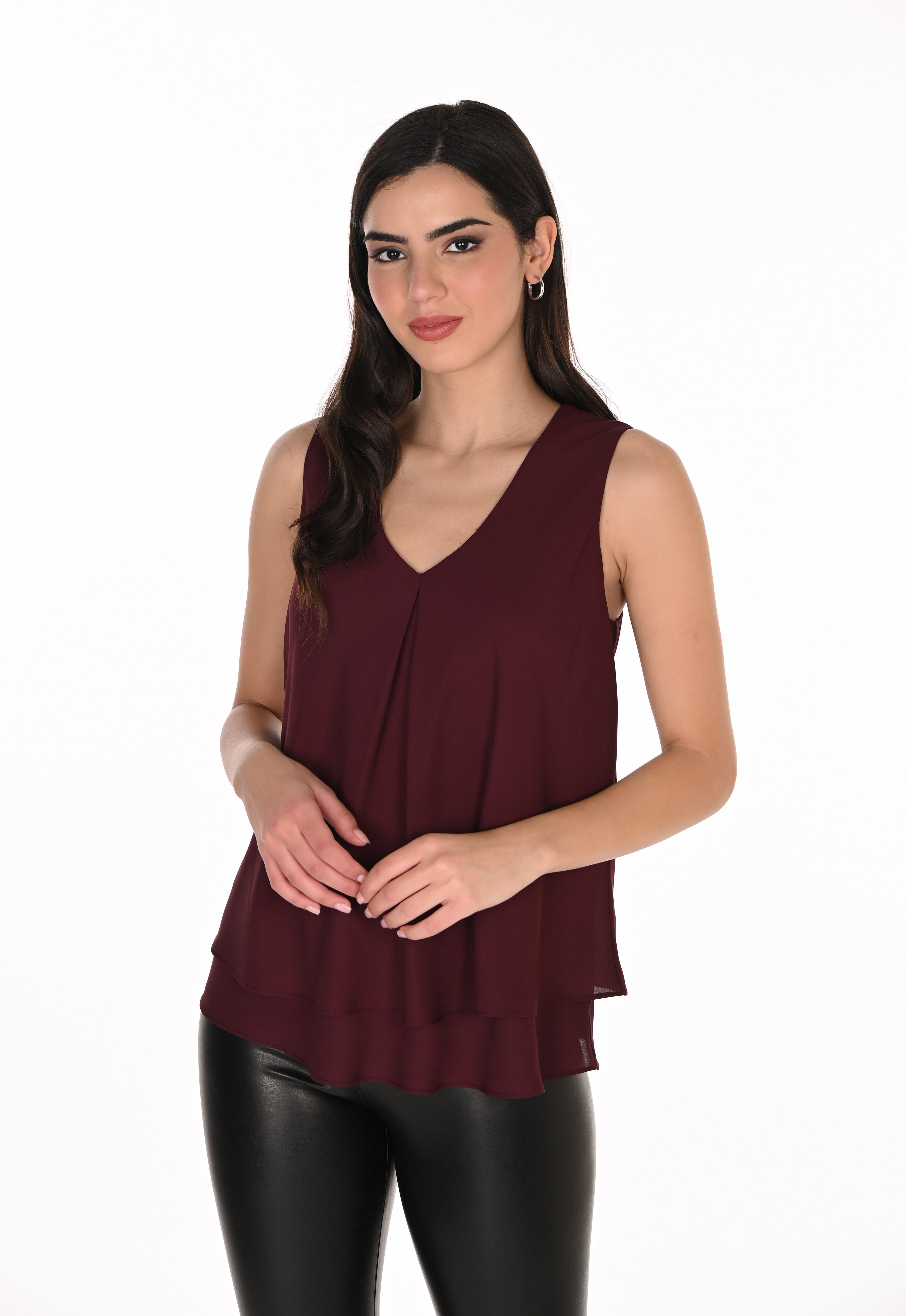 V Neck Overlay Sleeveless Top (FL61175)